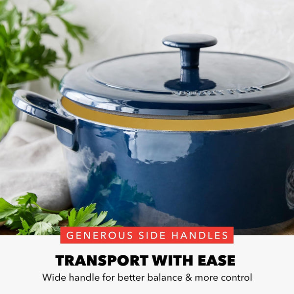 X Bobby Flay 5.5QT Enameled Cast Iron Dutch Oven with Lid, Navy | Casserole Pot for Braising, Stews, Bread Baking & Searing, Self-Basting Lid, Induction Ready, Oven Safe to 5005
