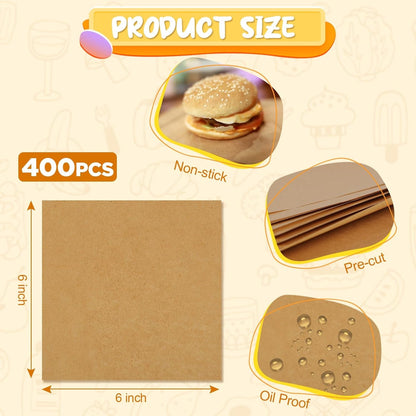 400PCS Patty Paper, 6X6 in Unbleached Parchment Paper Squares, Non-Stick Hamburger Patty Paper for Separating Burgers, Butter, Cookies, Freezing, Baking and Candy Wrapper2