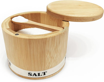 Salt Cellar with Lid, Bamboo Salt Container for Countertop | Salt Box with Built-In Spoon and Divider, Luminous SALT Label Holder, 13Oz Kitchen Salt Bowl for Sea Salt Pepper and Spice1