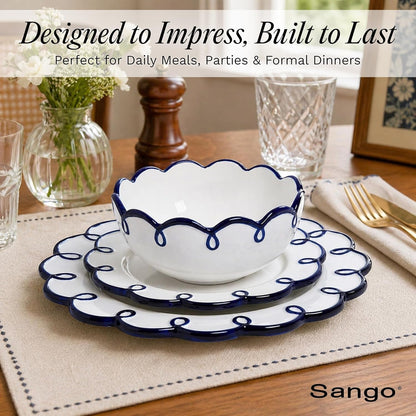 12-Piece Stoneware Dinnerware Set for 4, Glossy White Plates and Bowls Sets with Navy Scalloped Rims, Premium Dish Set, Dishes for Hosting Parties, Birthday & Wedding Gifts, Splash of Cheers8