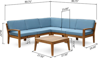 Great Deal Furniture Noble House Grenada Outdoor Acacia Wood 5 Seater Sectional Sofa Set Teak/Blue9