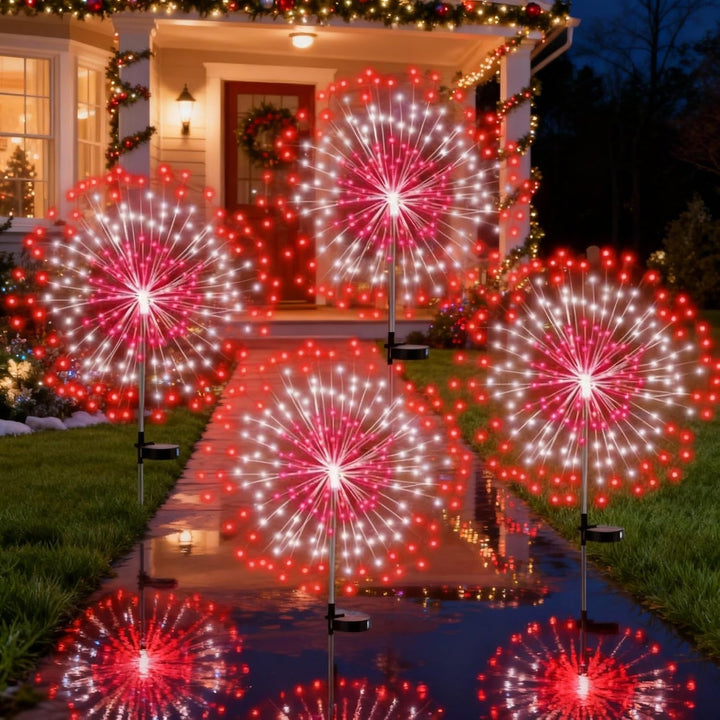 4 Pack Christmas Solar Firework Light Decor, Pink, White, Red
