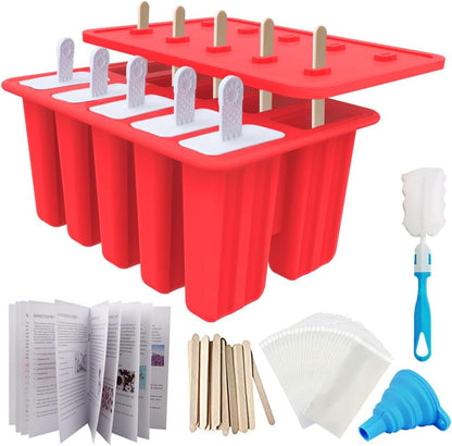 10-Cav Popsicle Molds, Silicone Ice Pop Mold for DIY Frozen Treats | with 10 Reusable Sticks, 50 Wooden Sticks, 50 Storage Bags, Funnel, Brush, Recipe, Make Healthy Pops, Smoothies, Juice1