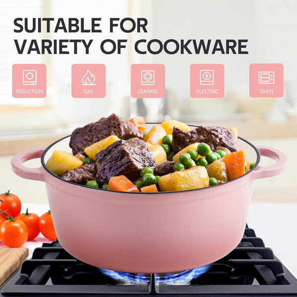 6 Quart Dutch Oven Enameled Cast Iron with Lid - Big Dual Handles - Oven Safe up to 500°F - Classic round Pot for Versatile Cooking Pink6