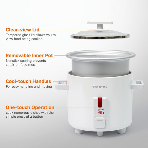 Small Rice Cooker White 1.5 Quart Mini Non-Stick Coated Insert Food Steamer and Dishwasher-Safe Glass Lid and Pot, White3