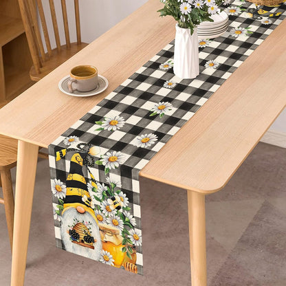 Spring Bee Gnome Table Runner, Honey Black White Buffalo Plaid Check4