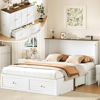 Queen Murphy Bed with Charging Station - Modern Queen Bed Frame with Storage, Foldable Platform Cabinet Beds with Drawer, Wood Hideway Bedframe for Guest & Living Room, Bedroom, Office, White1