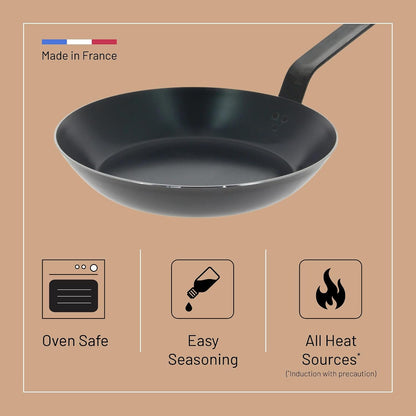 '- Blue Carbon Steel Fry Pan 2Mm Thick - 9.5” Diameter, 6.9” Cooking Surface - Oven Safe - Naturally Non-Stick Finish - Made in France4