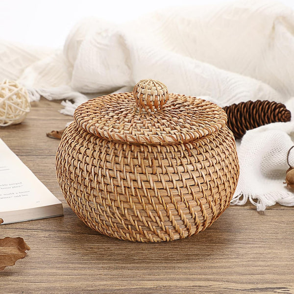 round Rattan Basket Box with Lid Wicker Storage Baskets Bin, X-Small6