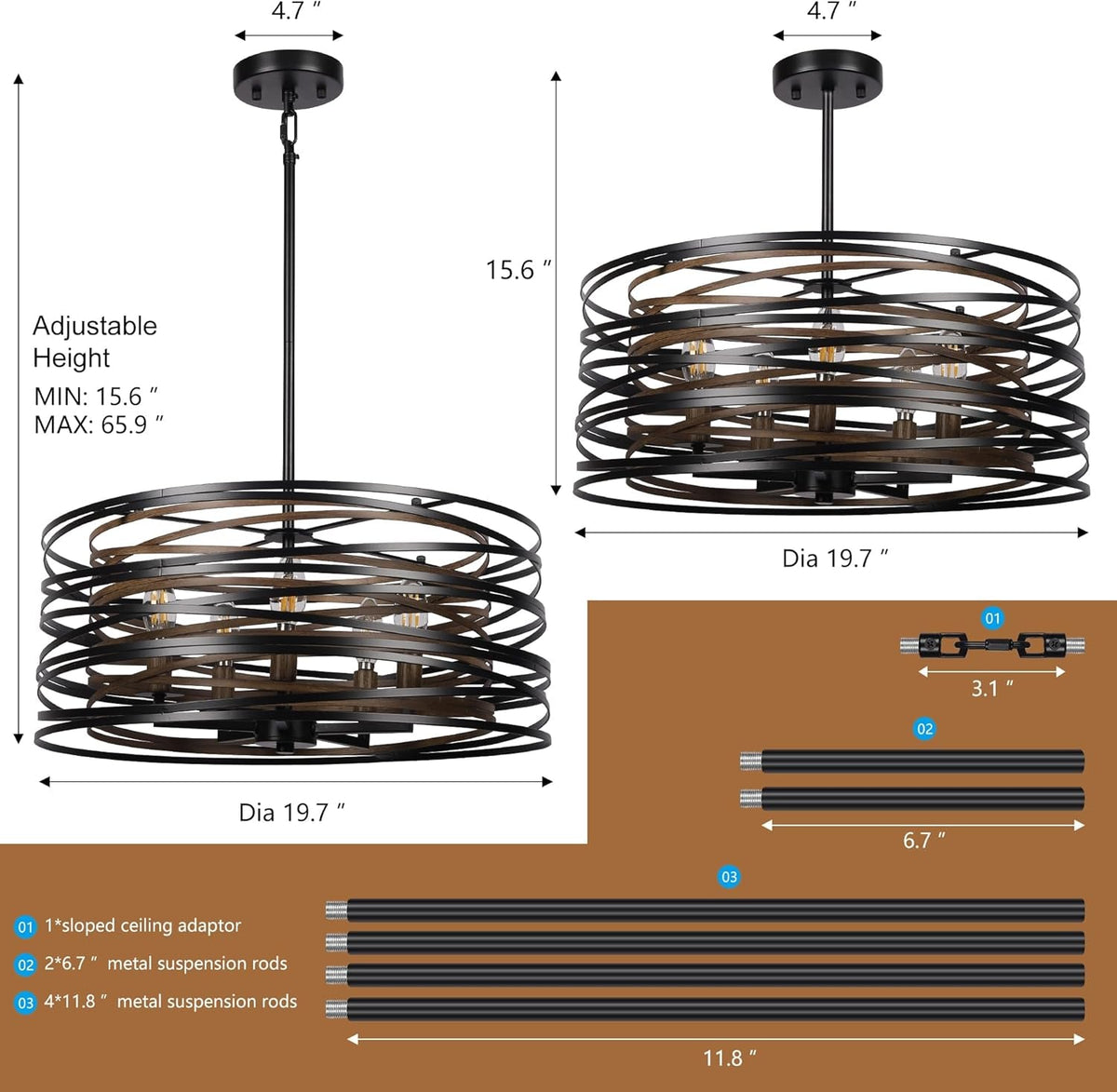 19-7-farmhouse-dining-room-light-fixture-5-light-metal-drum-chandelier-black-with-retro-wood-texture-interior