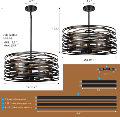 19.7'' Farmhouse Dining Room Light Fixture, 5-Light Metal Drum Chandelier, Black with Retro Wood Texture Interior6