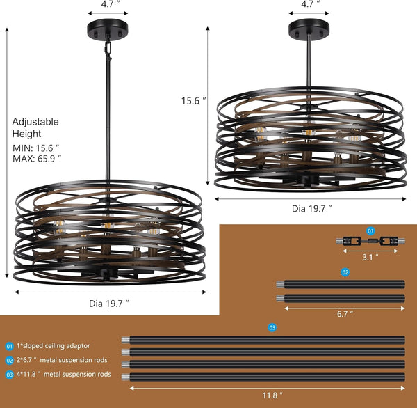 19.7'' Farmhouse Dining Room Light Fixture, 5-Light Metal Drum Chandelier, Black with Retro Wood Texture Interior6