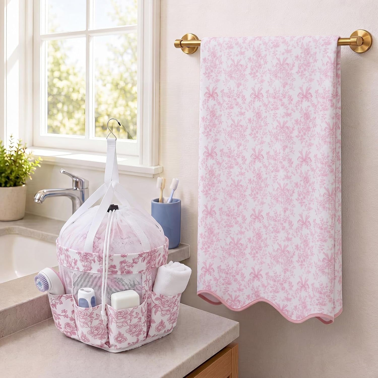 2-pcs-college-dorm-shower-caddy-and-bath-towels-set-pink-white