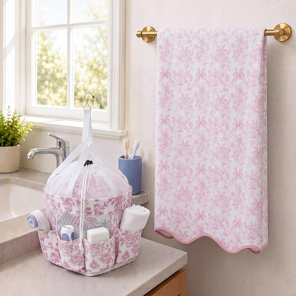 2 Pcs College Dorm Shower Caddy and Bath Towels Set,Pink,White1