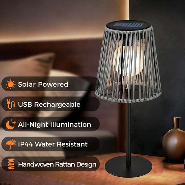 Solar Table Lamp Outdoor, Dual Solar & USB Charging Rattan Lamp, IP45 Waterproof Boho Desk Lamp, Portable Decorative Night Light for Patio Garden Yard Bedroom Living Room Tabletop7