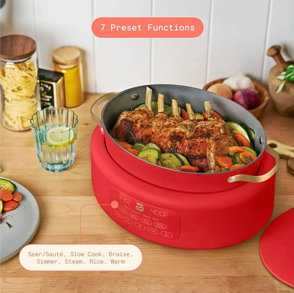 Drew Barrymore 10 in 1, 6 Qt Electric Multi-Cooker, Bright Red, Cast Aluminum7
