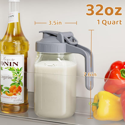 32 Oz Breast Milk Pitcher, Glass Mason Jar Pitcher with Lid | Airtight, Leak Proof, Wide Mouth, Pour Spout Lid, Thick Glass, Fridge Safe, Ergonomic Handle, Easy to Clean2
