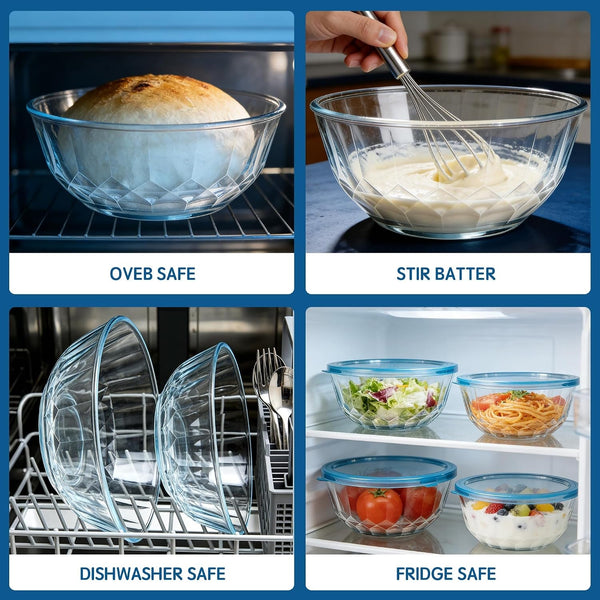 5‑Piece Glass Mixing Bowls Set with Airtight Lids, Blue5