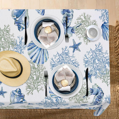 Blue Beach Rectangle Tablecloth 60 X 104 Inches, Coastal Sea Conch5