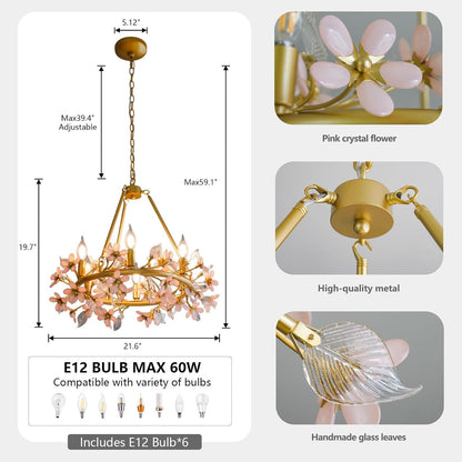 Gold Tree Branch Pink Crystal Chandelier, Grace Flower Chandelier, 6-Light Girl'S Room Chandelier, Hanging Light Fixture Bedroom for Dining Living Room Nursery Kid'S Room Entryway, E12 Bulb Included7