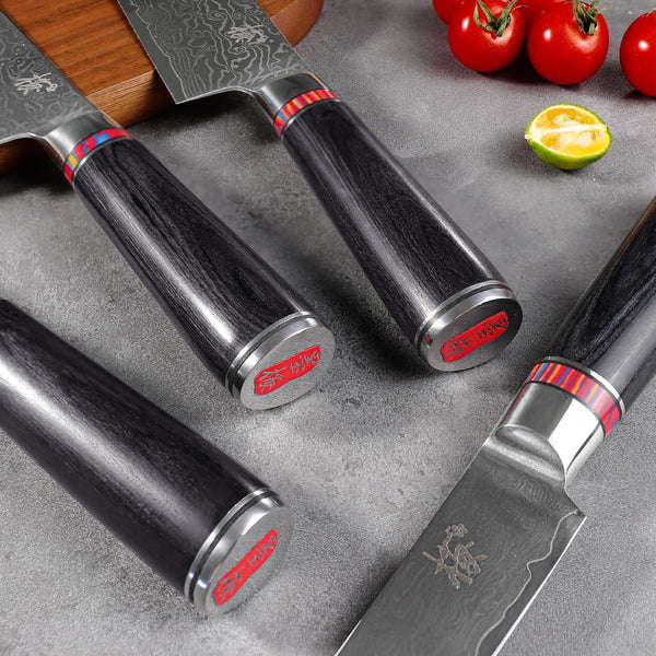 Damascus Steel Kitchen Knife Set, 6 Pieces, Chef'S, Santoku, Bread Knife, Paring Knife & More, Ultra Sharp for Very Fast Cutting, with Gift Box5