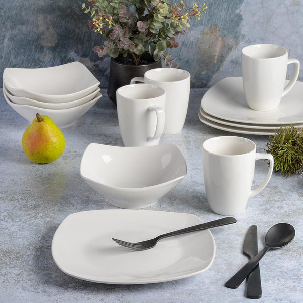 Amelia Court Porcelain Chip and Scratch Resistant Dinnerware Set, Service for 4 (12Pcs), White (Soft Square)5