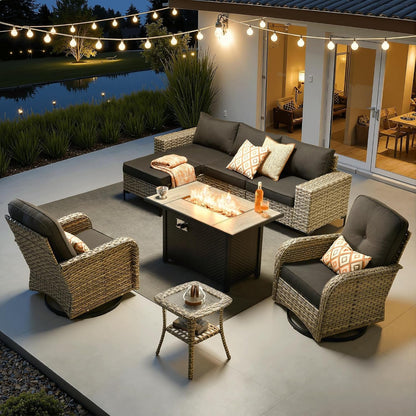 8-Piece Patio Furniture Set with L-Shaped Sofa Chaise, Outdoor Modular Sectional Couch Swivel Gliders Fire Pit Table, Modern Wicker Rattan Conversation Set, Black1