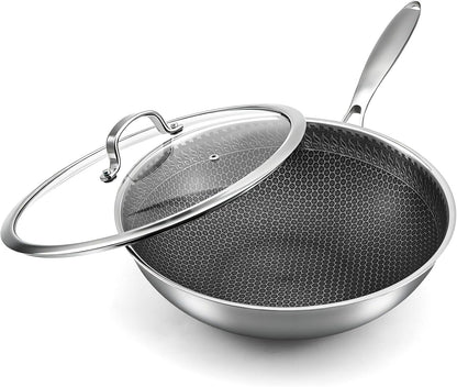 12.2 Inch Stainless Steel Honeycomb Wok Pan with Glass Lid, 3-Ply 18/10 Stainless Steel Stir Fry Pan, Flat Bottom Wok for Induction, Gas, Electric and Glass Stoves, 4.2 QT1