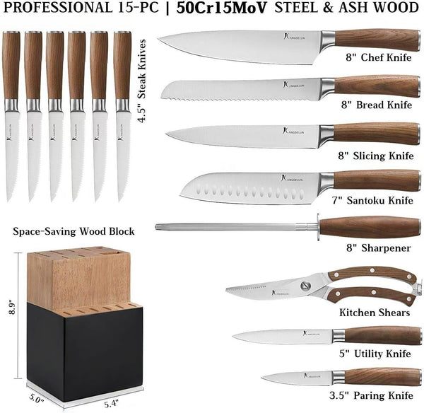 Ultra Sharp 15-Piece Kitchen Knife Set, High Carbon Stainless Steel Blades, Torrefied Brown Wood Handles, Ergonomic Design, Space-Saving Black-Finished Wood Block, Easy Hand Wash, Gift Box2