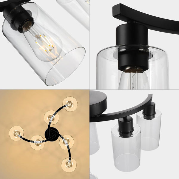 6-Light Modern Farmhouse Black Chandelier, Contemporary Dining Room Light Fixture, Adjustable Height Hanging Industrial Pendant Lights Kitchen Island, Clear Glass Shade7