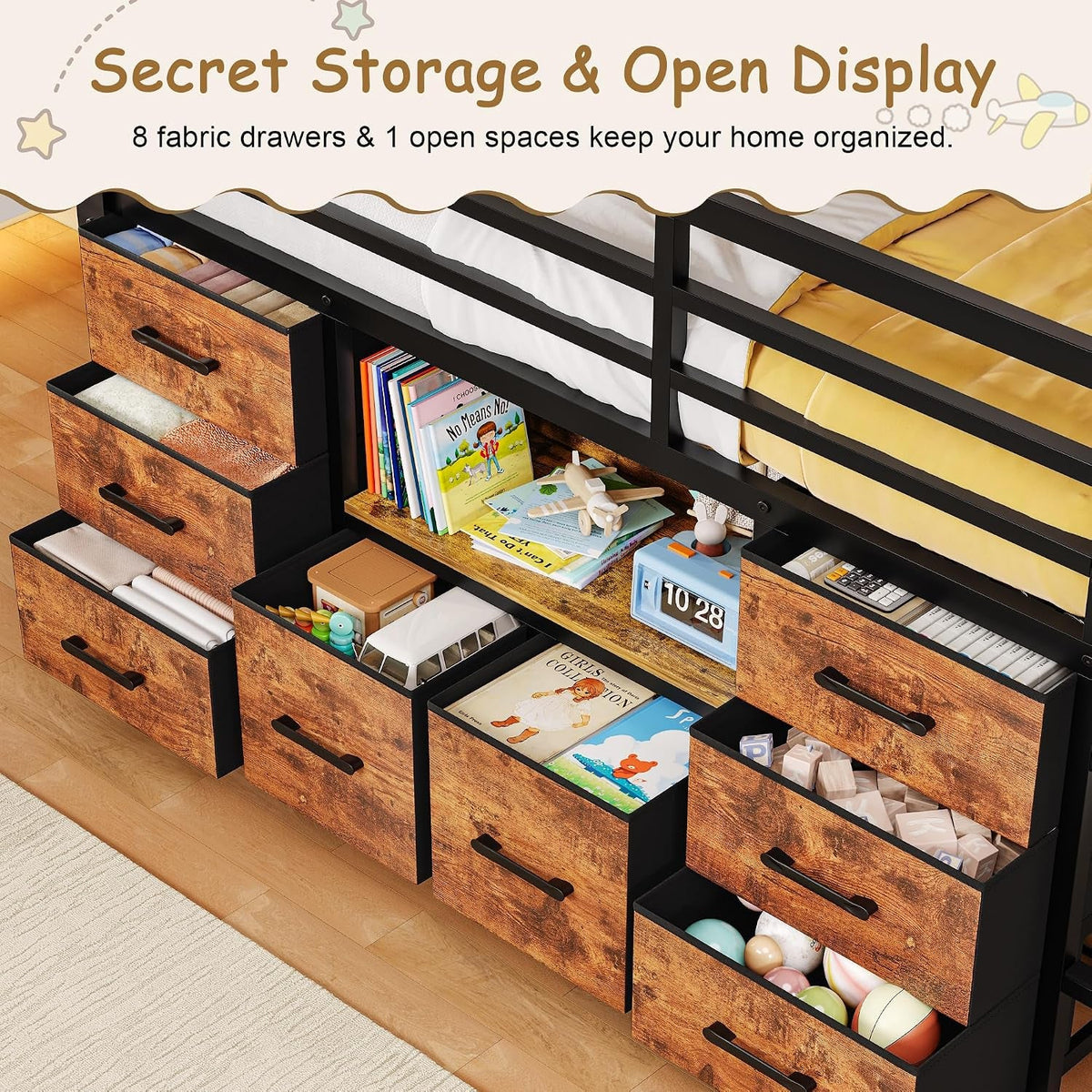 low-loft-bed-twin-size-with-8-storage-drawers-twin-loft-bed-with-bookcase-metal-kids-loft-bed-with-13-h-safety-guardrail-under-bed-play-space-and-play-curtain-for-kids-rustic-brown