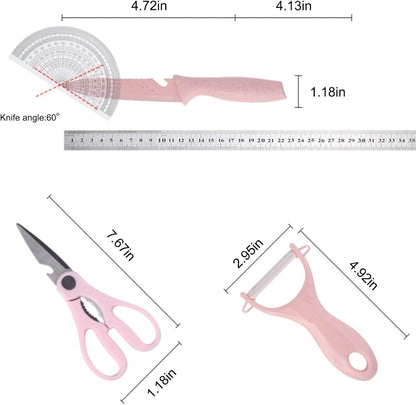 Boxed Kitchen Knife Set Block Wheat Straw Blades Nonstick for Kitchen Cutting Meat Scissors Ceramic Peeler for Slicing Paring Fruits Vegetables7