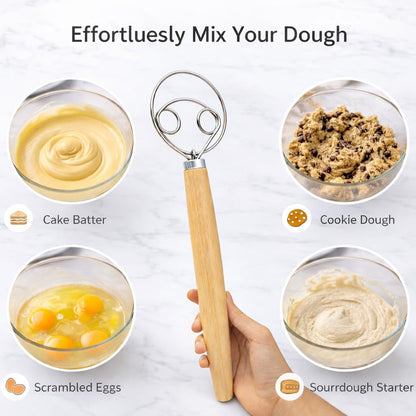 Danish Dough Whisk for Sourdough Bread – 13 Inch Bread Whisk with Wooden Handle – 304 Stainless Steel Hook for Heavy Dough Baking, Swedish Dough Whisk Tool5