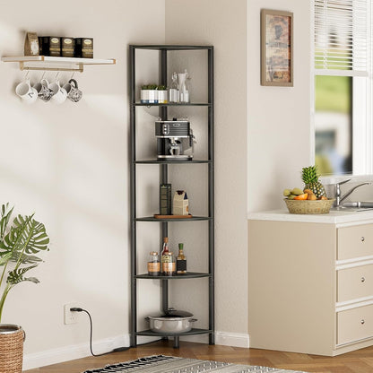 6 Tier Corner Shelf with LED Light, 67.5" Black Narrow Bookshelf | Tall Standing Shelf Organizer, Storage Rack for Wall Corner, Living Room, Bedroom, Metal Frame, Wood Display Shelf9