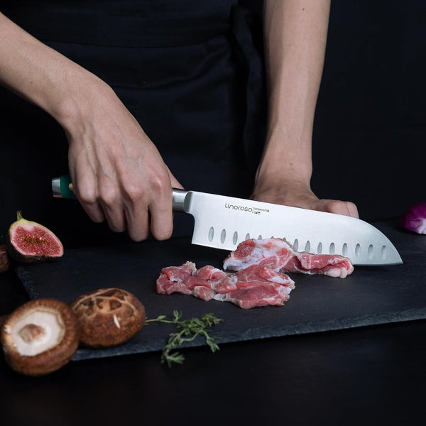Santoku Knife 7 Inch Meat Kitchen Chef Knife with Premium Gift Box, Vegetables Knives High Carbon Stainless Steel Sharp Knife with Ergonomic Green Handle, Christmas Gifts for Women and Men4