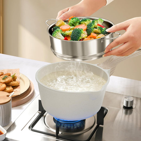 Kitchen Cookware Sets Pots and Pans Set Non Stick 21 Pcs | Granite Induction Cookware with Steamer Basket Nonstick Cooking Pot and Pan Set 4-Cup Egg Pan Set PFOS PFOA Free Cream White5