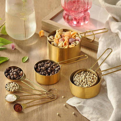 Measuring Cups and Spoons Set, Kaloo 8PCS Stainless Steel Metal Measuring Cups, Gold Finish, Ideal for Cooking and Baking8