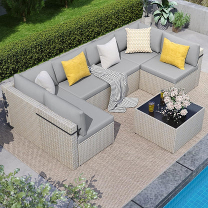 7-Piece Outdoor Sectional Sofa Set, Weather-Resistant Patio Furniture Set with Washable Cushions and Coffee Table, Grey Rattan Patio Conversation Set for Poolside, Backyard, Deck (Grey)3
