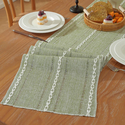 Sage Green Boho Cotton Linen Table Runner, Farmhouse Woven Table Runners Spring Holiday Kitchen Dining Table Decoration for Home Party Decor 13 X 481