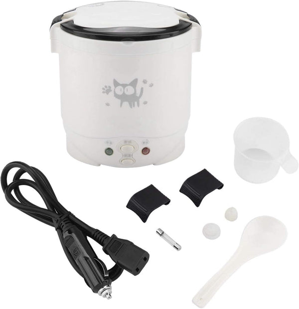 Mini Rice Cooker, 12V 100W 1L Portable Electric Multifunctional Rice Cooker Food Steamer Meal Heater Food Warmer for Travel (White)1