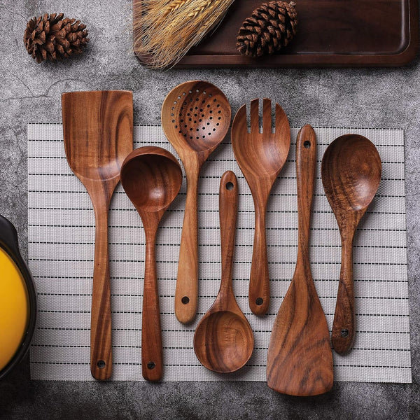 Wooden Non-Stick Kitchen Pan Toolset 7 Pieces Set, Natural Kitchen Utensils Spatula, Wooden Cooking Utensils Spoons, Fried Spatula and Salad Fork5
