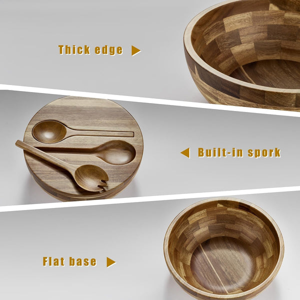 Salad Bowls Wood Salad Bowl Set with Lid Acacia Wood Serving Bowl for Fruits or Salads 10.5" Large Serving Bowl with Serving Utensils, 4 Piece Wooden Mixing Bowl Set for Kitchen, Picnic4