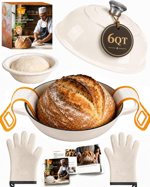 6QT Dutch Oven for Bread Baking, Enameled Cast Iron Dutch Oven Pot with Lid, Multi-Functional Bread Pan, Sourdough Baking Supplies with Proofing Basket, Cast Iron Bread Oven, Silicone Sling & Gloves.1