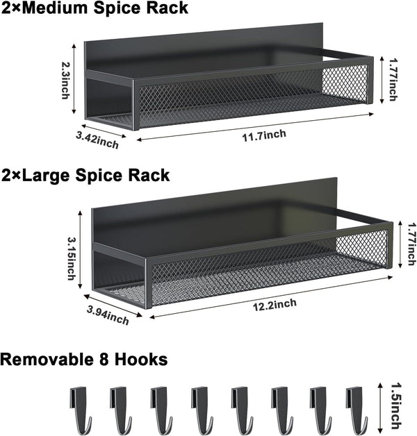 Magnetic Spice Rack for Refrigerator, 4 Pack Magnetic Shelf, Fridge Magnet Organizer with Moveable 8 Hooks, Magnetic Fridge Shelf for Kitchen Organization and Storage (4 Pack)2