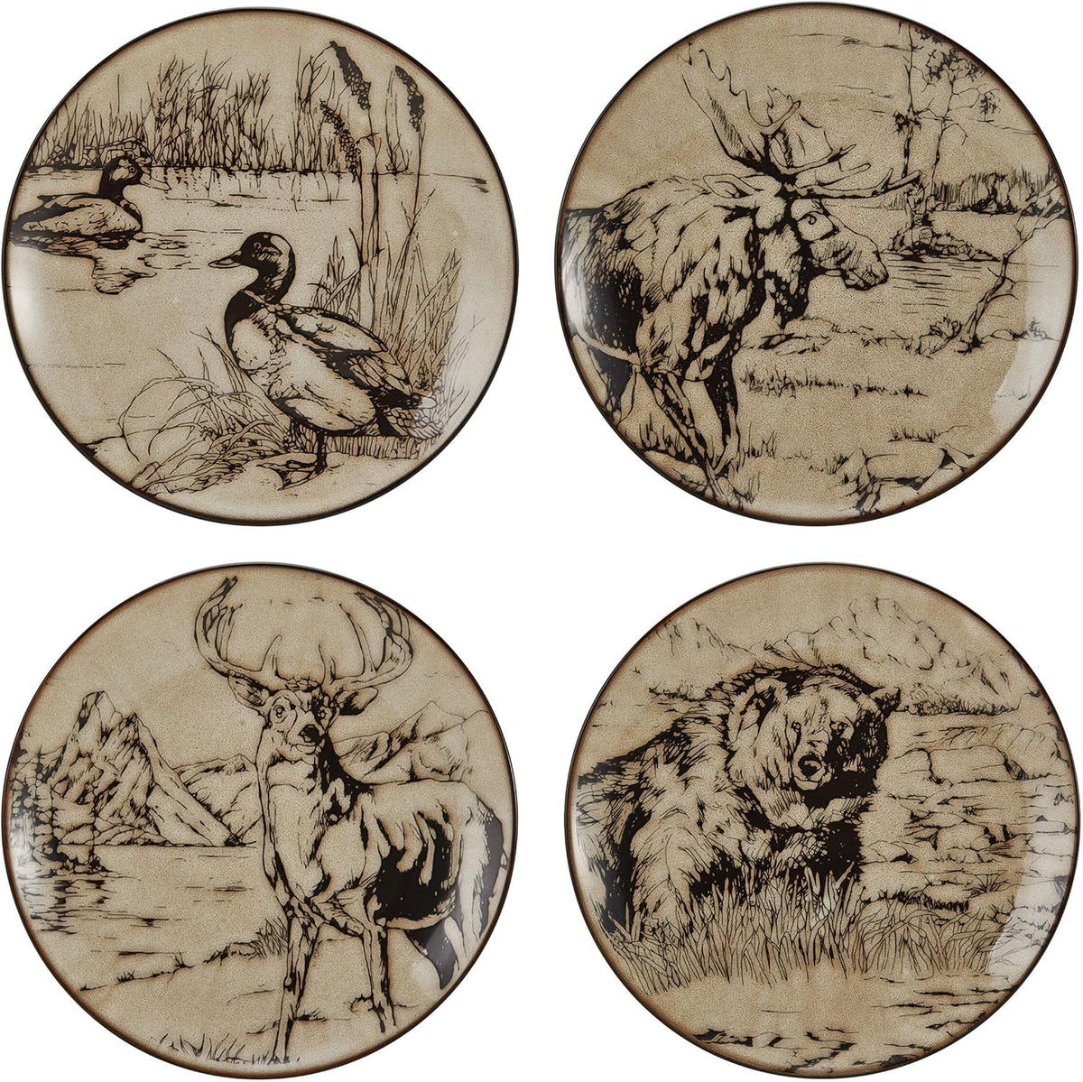16-piece-stoneware-dinnerware-set-service-for-4-with-dinner-plates-salad-plates-bowls-and-mugs-lodge-style-wildlife-animal-sketch-design-dishwasher-and-microwave-safe