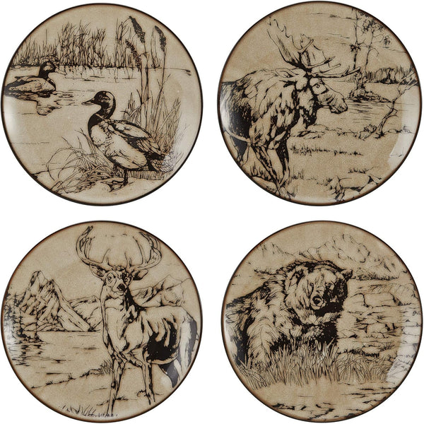 16-Piece Stoneware Dinnerware Set, Service for 4 with Dinner Plates, Salad Plates, Bowls and Mugs, Lodge-Style Wildlife Animal Sketch Design, Dishwasher and Microwave Safe4