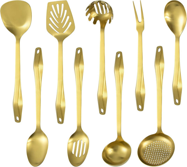 304 Stainless Steel Kitchen Utensil Set - 9Pcs Cooking Utensils, Metal Kitchen Utensil Spatula Sets Cookware,High Temperature Resistance Kitchen Tool Set for Hanging Dishwasher Safe（Gold）1