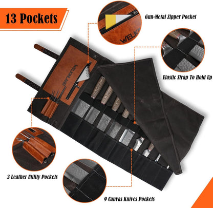 13-Pocket Knife Roll, Heavy-Duty Canvas Leather Knife Roll Bag6