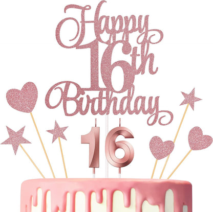 16Th Birthday Cake Decorations, 16Th Birthday Candles Cake Numeral Candles and Glitter Happy 16Th Birthday Cake Toppers Set for Birthday Party Supplies (Rose Gold)1