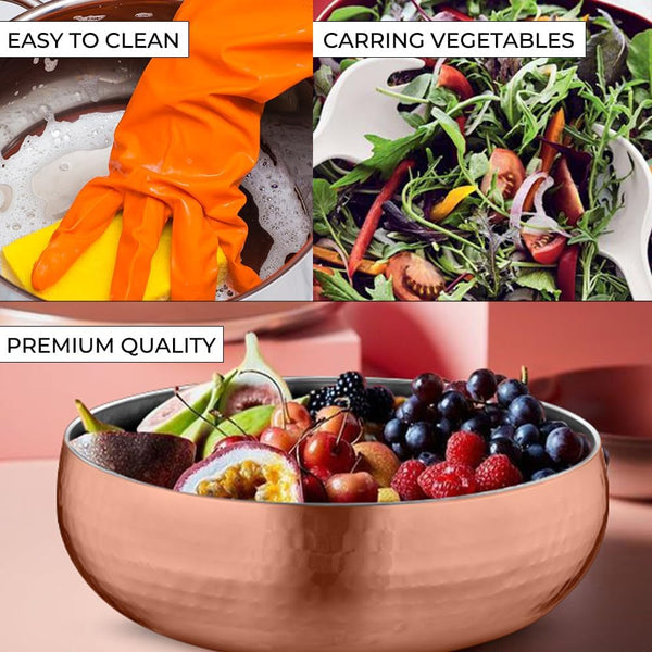 ® Set of 3 Premium Stainless Steel Salad Mixing Bowl Hammered Finish | Handmade | Includes Salad Serving Utensils (Copper Plated)5